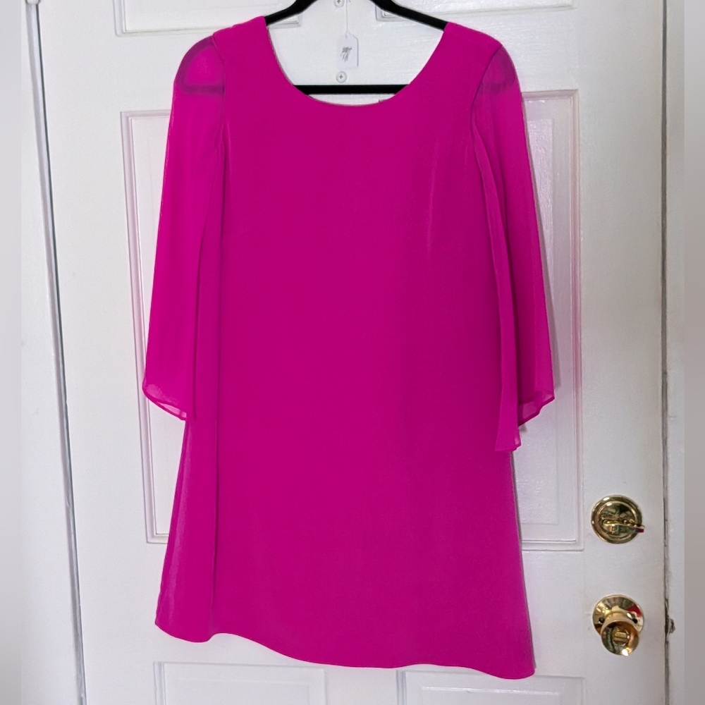 Buckley K Hot Pink Silk Tunic Dress Size 2 Sheer Sleeve Shift Made USA - Picture 2 of 5